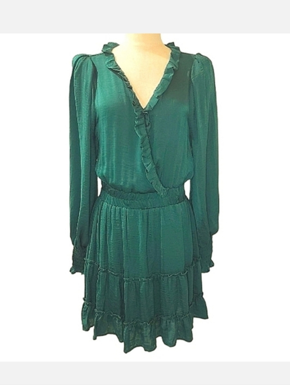 GLAM Los Angeles Ruffle Trim Blouson Mini Dress in Forest Green M/L NWT
